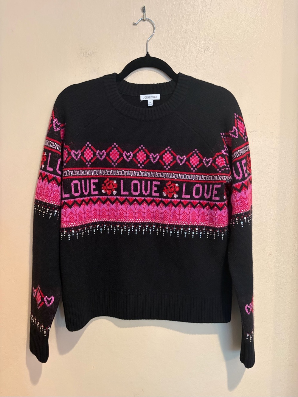 Johnny Was The Fairisle Black & Hot Pink Love Crew Sweater, Cashmere Blend, XS